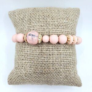 Pink & Gold Beaded Stretch Bracelet With Marble Accents - 6.5 Inches